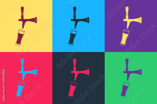 Pop art Beer tap with glass icon isolated on color background. Vector.