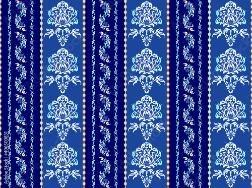 Seamless vector floral pattern, damask ornate Arabian style vintage ornaments in blue, red and white colors, elegant background for custom print and design.