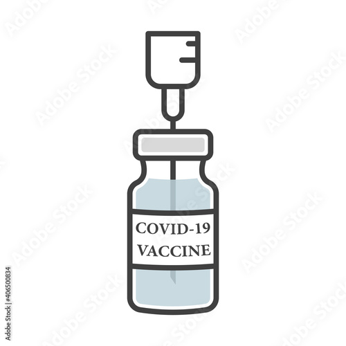 Covid-19 vaccine ampoule icon. Simple colored cans image with a vaccine against the virus, and the syringe inside it. Isolated vector on white background.