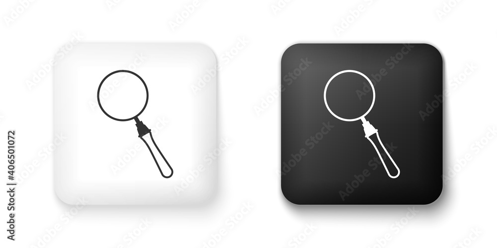 Black and white Magnifying glass icon isolated on white background. Search, focus, zoom, business symbol. Square button. Vector. Black and white Magnifying glass icon isolated on white background. Search, focus, zoom, business symbol. Square button. Vector.