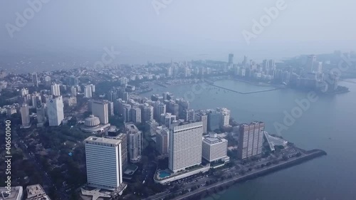 Overlooking Arabian Sea With Cityscape In Trident Hotel, Nariman Point, Mumbai City, India. - Aerial Drone Shot photo