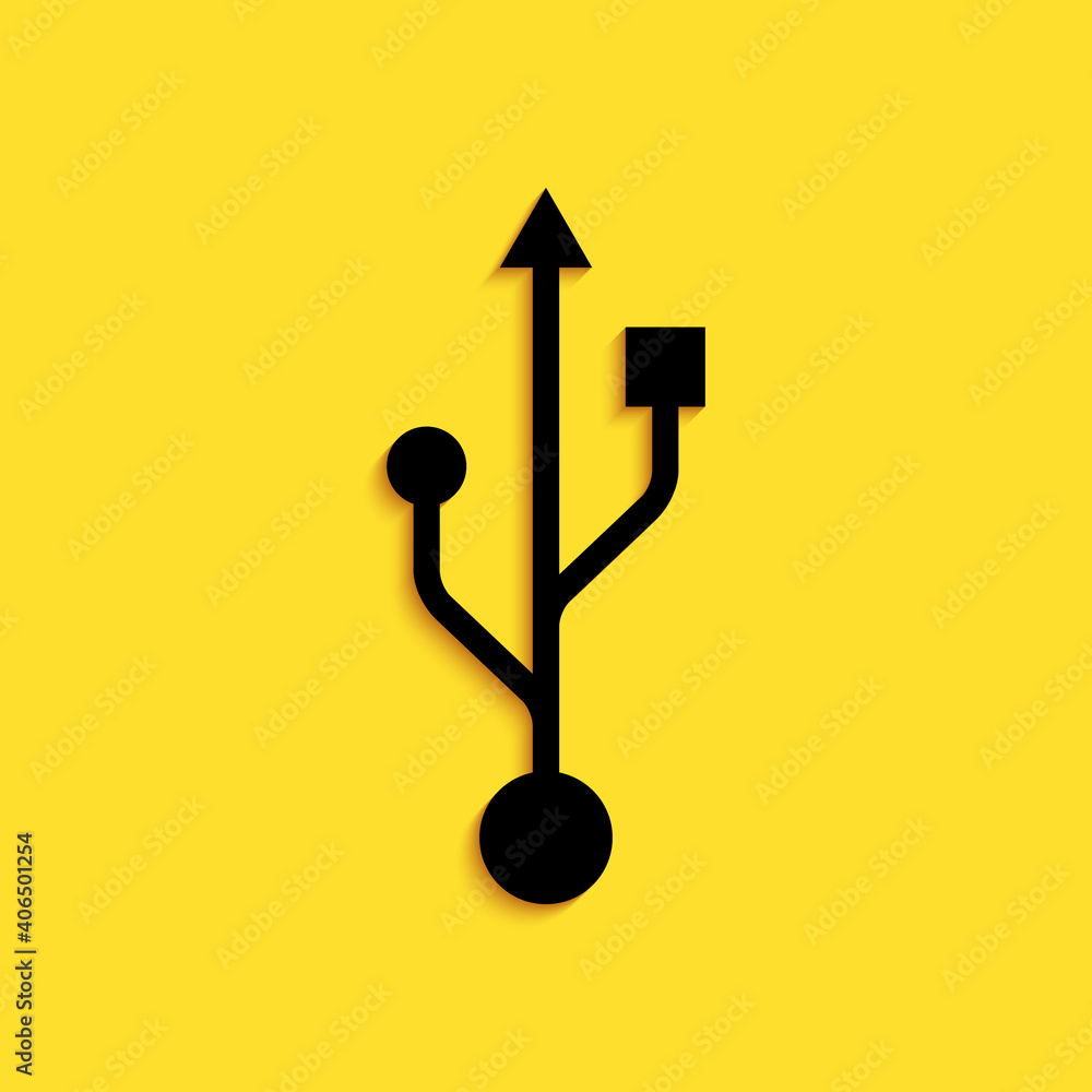 Black USB symbol icon isolated on yellow background. Usb flash drive symbol. Long shadow style. Vector. Black USB symbol icon isolated on yellow background. Usb flash drive symbol. Long shadow style. Vector.
