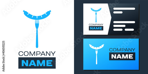 Logotype Sausage on the fork with steam icon isolated on white background. Grilled sausage and aroma sign. Logo design template element. Vector.