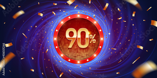 90 Percent discount golden 3D sign. 3D Golden number with percent sign on a red round retro banner with confetti, against blue abstract background. 