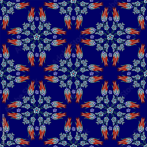 Vector Arabian Islamic floral decorative seamless vector pattern. Exotic Boho arabesque ornamental textile design in  deep blue, turquoise, red and white colors for custom design.