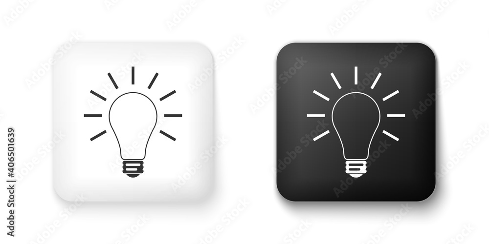 Black and white Light bulb with rays shine icon isolated on white background. Energy and idea symbol. Lamp electric. Square button. Vector. Black and white Light bulb with rays shine icon isolated on white background. Energy and idea symbol. Lamp electric. Square button. Vector.