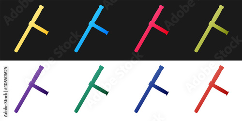 Set Police rubber baton icon isolated on black and white background. Rubber truncheon. Police Bat. Police equipment. Vector.