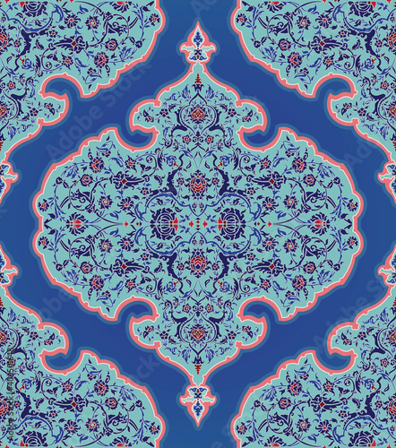 Arabian floral decorative seamless vector pattern, exotic boho arabesque ornamental textile design in lapis, dark blue and red colors.