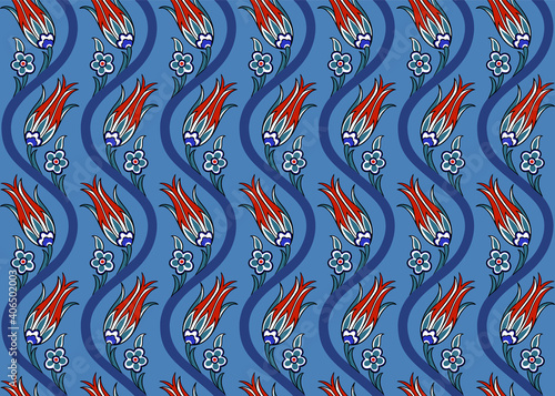 Vector Arabian Islamic floral decorative seamless vector pattern. Exotic Boho arabesque ornamental textile design in indigo blue, red and white colors for custom design., with waves on background. 
