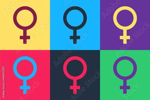 Pop art Female gender symbol icon isolated on color background. Venus symbol. The symbol for a female organism or woman. Vector.