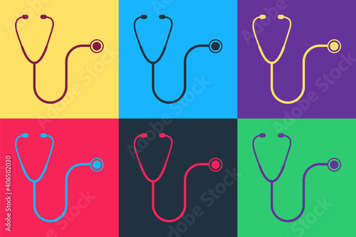 Pop art Stethoscope medical instrument icon isolated on color background. Vector.