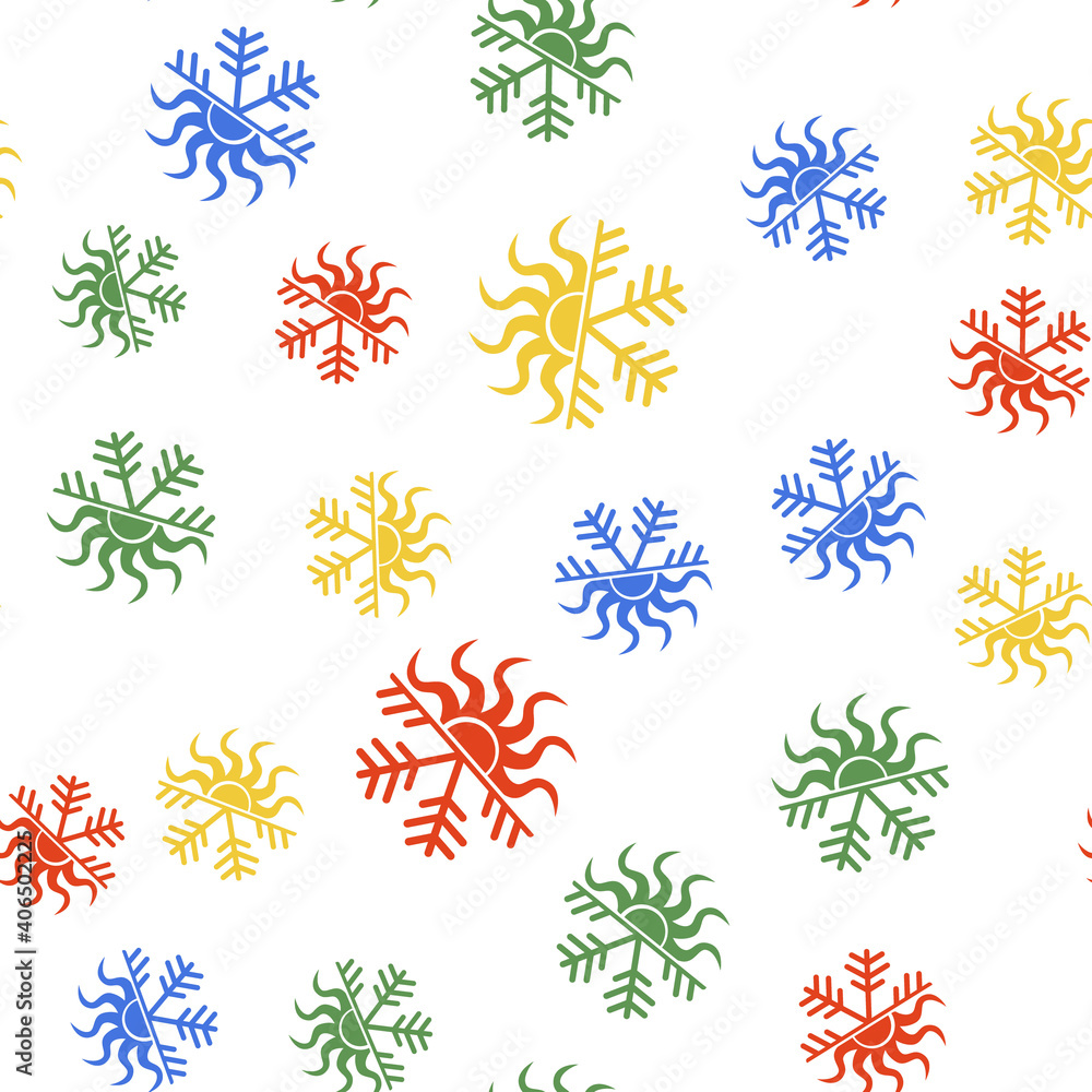 Color Hot and cold symbol. Sun and snowflake icon isolated seamless pattern on white background. Winter and summer symbol. Vector. Color Hot and cold symbol. Sun and snowflake icon isolated seamless pattern on white background. Winter and summer symbol. Vector.