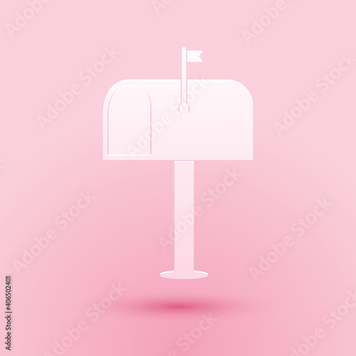 Paper cut Mail box icon isolated on pink background. Mailbox icon. Mail postbox on pole with flag. Paper art style. Vector.