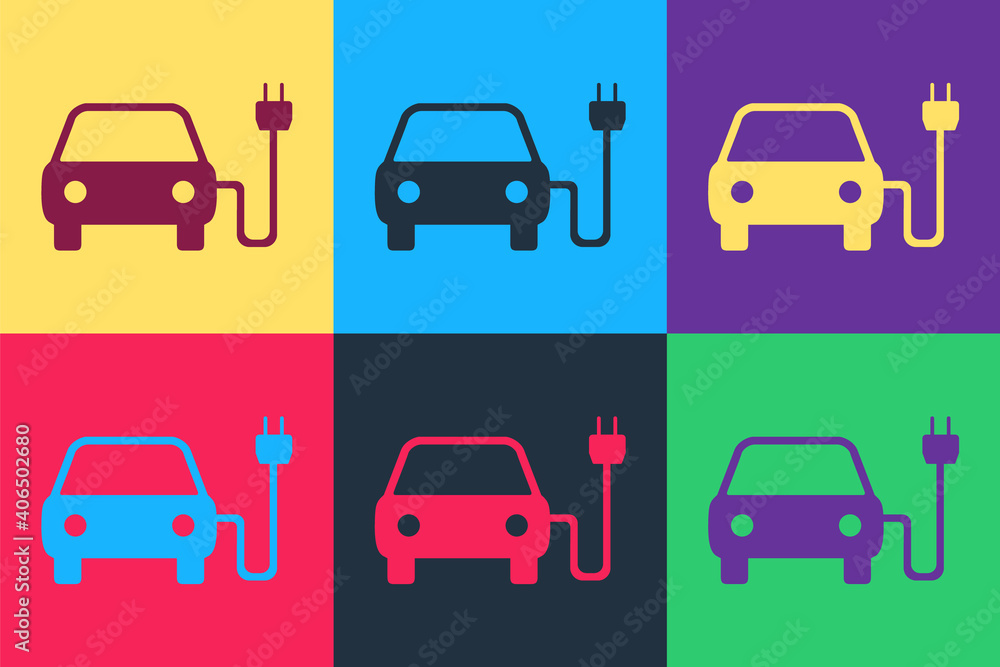 Pop art Electric car and electrical cable plug charging icon isolated on color background. Electric car charging sign. Renewable eco technologies. Vector.