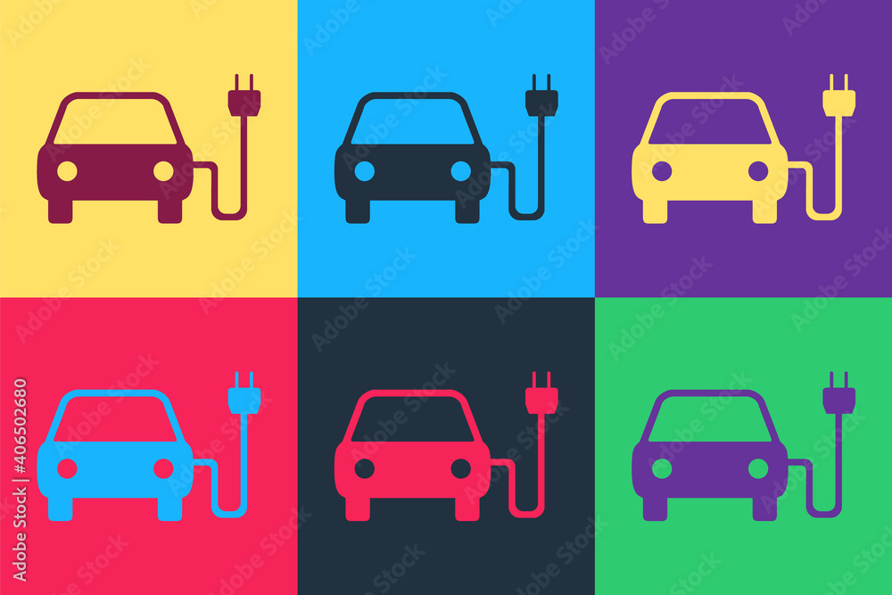 Pop art Electric car and electrical cable plug charging icon isolated on color background. Electric car charging sign. Renewable eco technologies. Vector. Pop art Electric car and electrical cable plug charging icon isolated on color background. Electric car charging sign. Renewable eco technologies. Vector.
