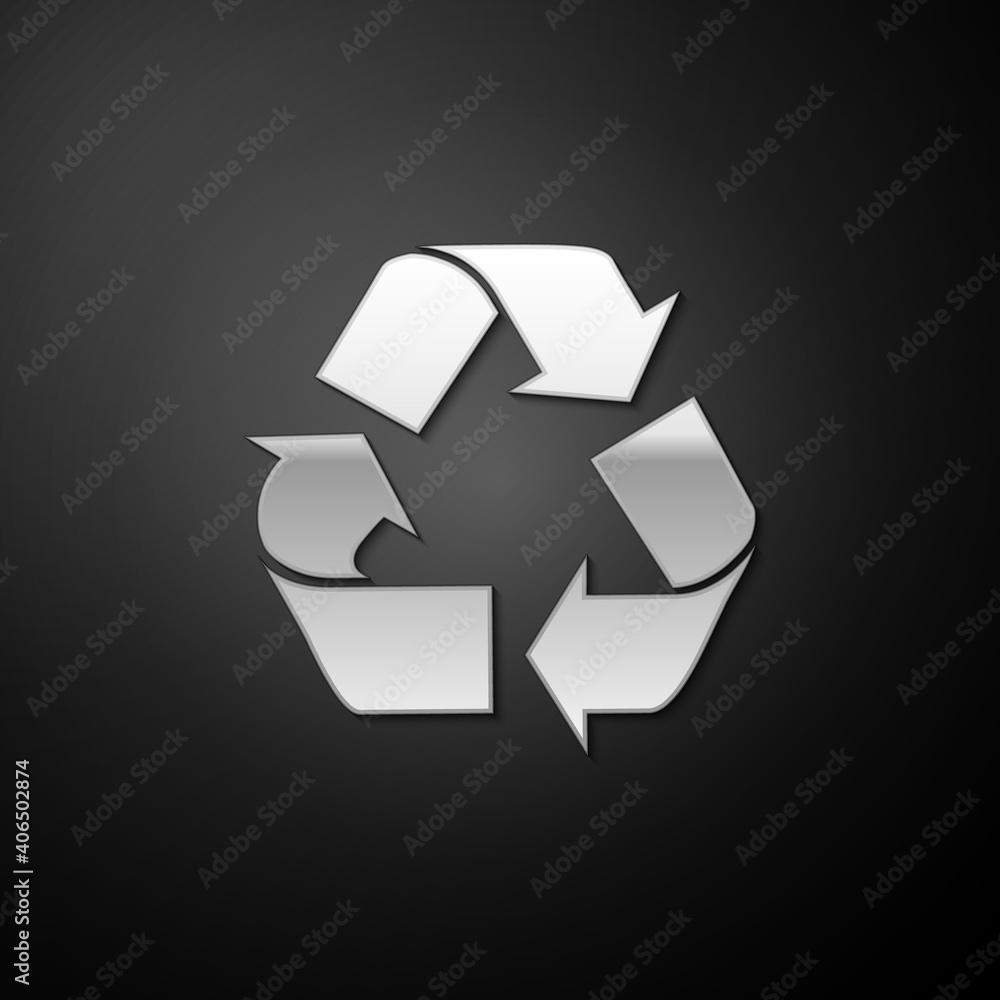 Silver Recycle symbol icon isolated on black background. Circular arrow icon. Environment recyclable go green. Long shadow style. Vector. Silver Recycle symbol icon isolated on black background. Circular arrow icon. Environment recyclable go green. Long shadow style. Vector.
