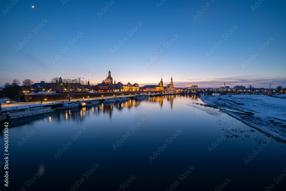 Dresden Skyline in Winter, With Elbe River, Boats and Snow