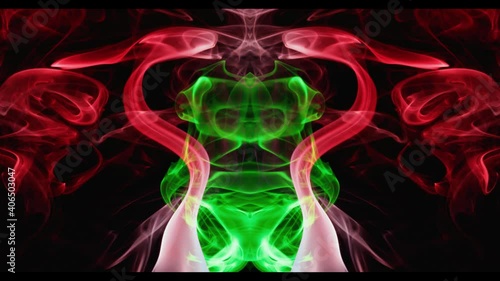 Psychedelic fantasies of colored smoke. Psychodiagnostic test - symmetrical color blot. Axial slice of a magnetic resonance imager of a fantastic creature in dynamics. photo