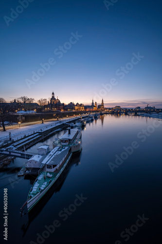 Vertical Dresden Skyline in Winter, With Elbe River, Boats and Snow