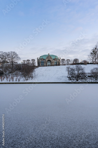 Zwinger Public Park in Winter, Covered in Snow with Frozen Lake