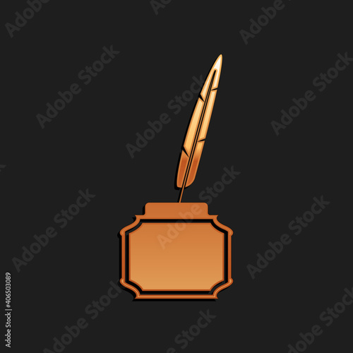 Gold Feather and inkwell icon isolated on black background. Long shadow style. Vector.