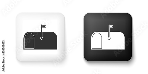 Black and white Mail box icon isolated on white background. Mailbox icon. Mail postbox on pole with flag. Square button. Vector.