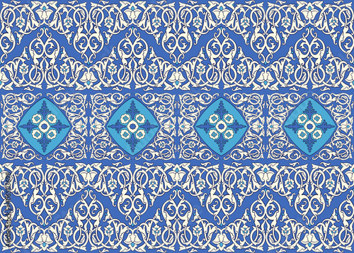 Seamless Middle Asian kazakh pattern in lapis blue and turquoise oriental style. Arabesque islamic floral decorative ornament for custom design and print.