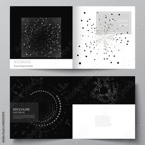 Vector layout of two covers templates for square design bifold brochure  flyer  cover design  book design. Black color technology background. Digital visualization of science  medicine  tech concept.