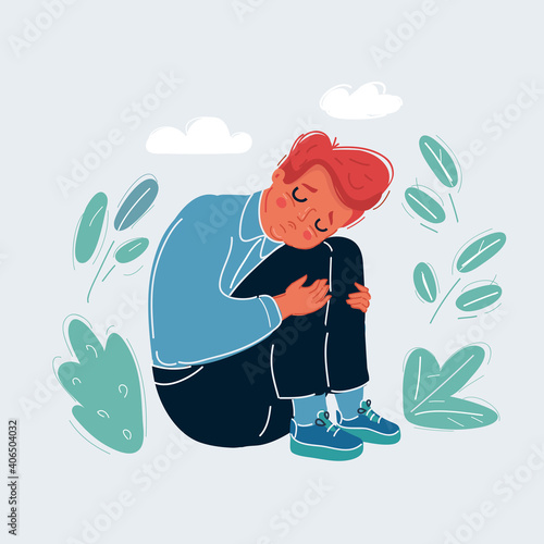Vector illustration of sad boy child does . He feels bad, lonely, sad, offended