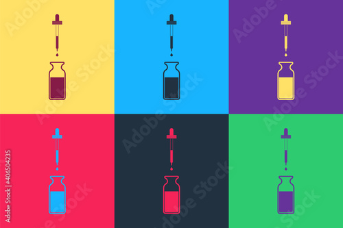 Pop art Glass bottle with a pipette. Vial with a pipette inside and lid icon isolated on color background. Container for medical and cosmetic product. Vector.