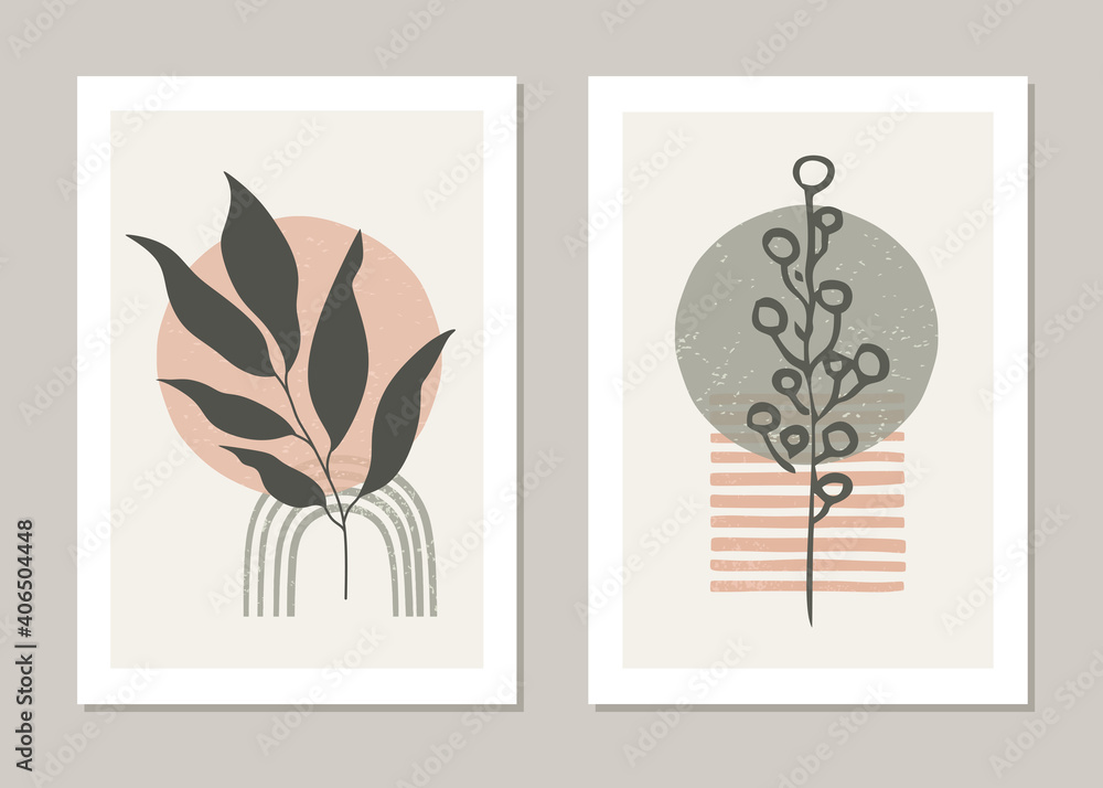 Botanical wall art vector set. Abstract plant design for covers, posters, prints, wall art in minimal style. Vector