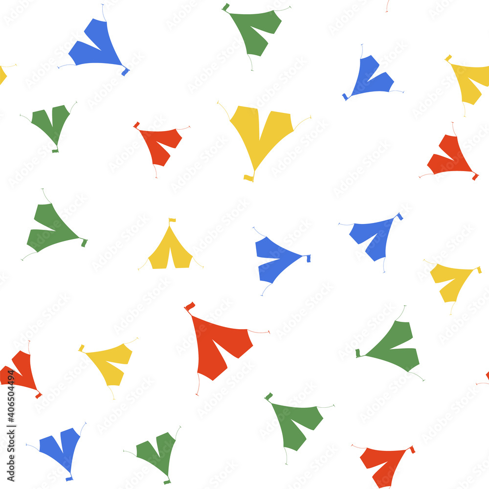 Color Tourist tent with flag icon isolated seamless pattern on white background. Vector. Color Tourist tent with flag icon isolated seamless pattern on white background. Vector.