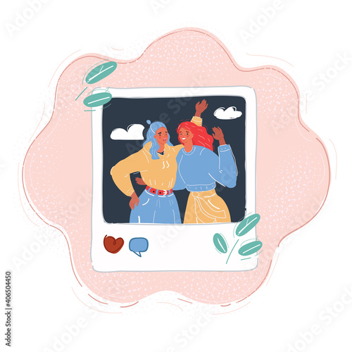 Vector illustration of Young female couple taking selfie photo together on polaroid photo.