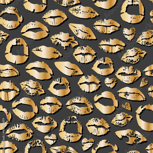 vector illustration with gold lips prints on a dark background,