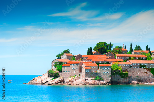 Fototapeta Naklejka Na Ścianę i Meble -  Sveti Stefan island near Budva, Montenegro. Luxury resort at Adriatic sea. Famous travel destination
