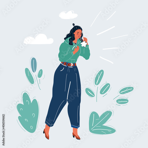 Vector illustration of a woman character with chronic and acute cough on white backround.