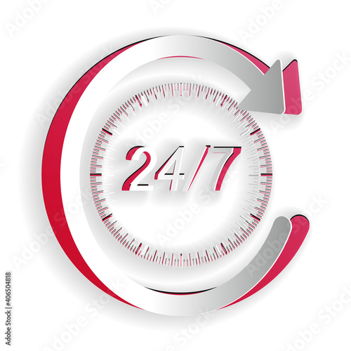 Paper cut Open 24 hours a day and 7 days a week icon isolated on white background. All day cyclic icon. Paper art style. Vector.