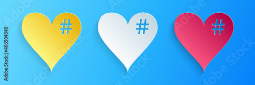 Paper cut The hash love icon. Hashtag heart symbol icon isolated on blue background. Paper art style. Vector.