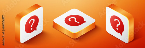 Isometric Question mark in circle icon isolated on orange background. Hazard warning symbol. Help symbol. FAQ sign. Orange square button. Vector.