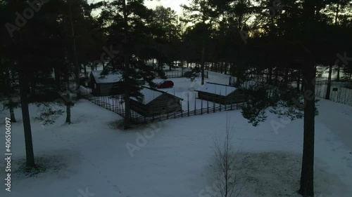 Camp Site Isolated Wooden Cabin, Snow Landscape, Rising Aerial photo