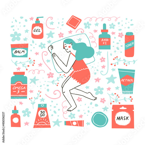 Young girl sleeping well as a part of her acne treatment or evening routine. Beauty rituals concept. Dermatology and self care. Vector illustration in a flat style