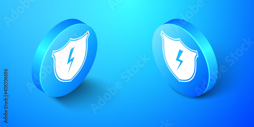 Isometric Secure shield with lightning icon isolated on blue background. Security, safety, protection, privacy concept. Blue circle button. Vector.