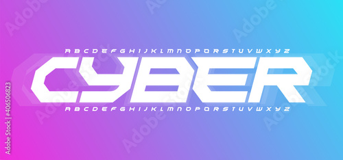 Cyber futurism alphabet. Cyberspace style, geometric font, modular type for modern futuristic cyber sport logo, gaming headline and lettering. Bold italic letters, vector typographic design