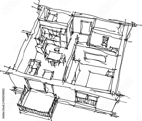 hand drawn sketch of Perspective cut away diagram of a one bedroom apartment completely furnished 