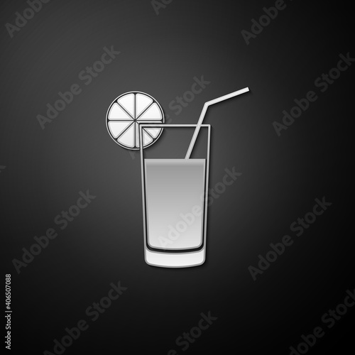 Silver Glass of juice icon isolated on black background. Orange slice and tube for drinking. Healthy organic food. Long shadow style. Vector.