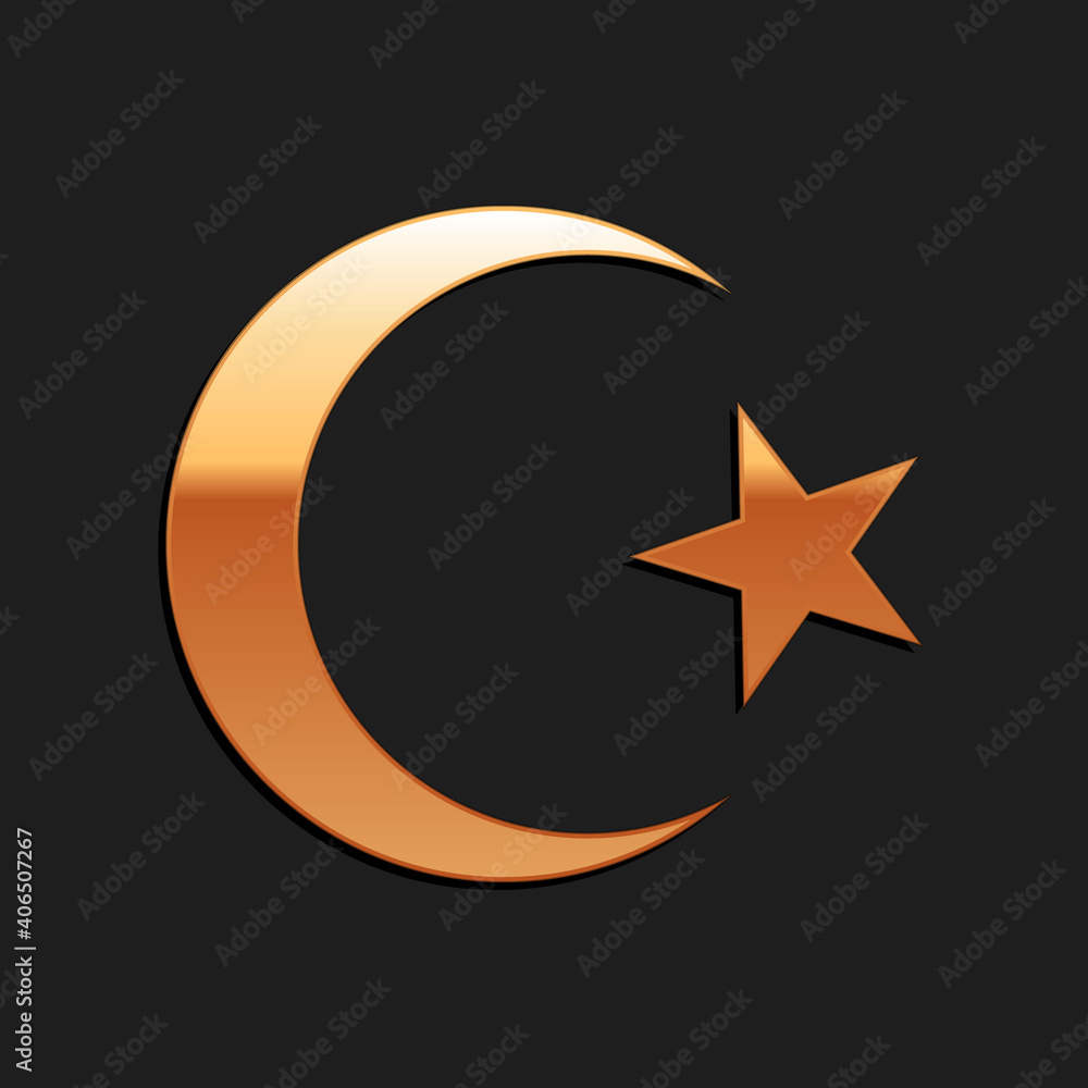 Gold Star and crescent - symbol of Islam icon isolated on black background. Religion symbol. Long shadow style. Vector. Gold Star and crescent - symbol of Islam icon isolated on black background. Religion symbol. Long shadow style. Vector.