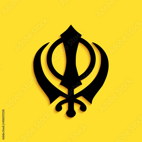 Black Sikhism religion Khanda symbol icon isolated on yellow background. Khanda Sikh symbol. Long shadow style. Vector. photo