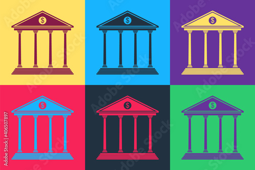 Pop art Bank building icon isolated on color background. Vector.