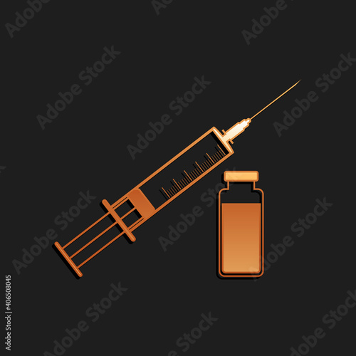 Gold Medical syringe with needle and vial or ampoule icon isolated on black background. Vaccination, injection, vaccine, insulin concept. Long shadow style. Vector.