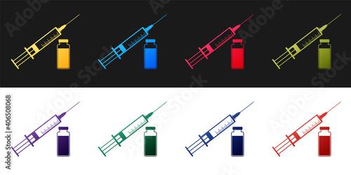 Set Medical syringe with needle and vial or ampoule icon isolated on black and white background. Vaccination, injection, vaccine, insulin concept. Vector.